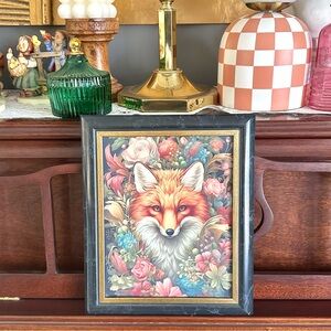 Moody Cottagecore Fox Floral Woodland Bohemian Canvas Art Print Blue Framed Boho